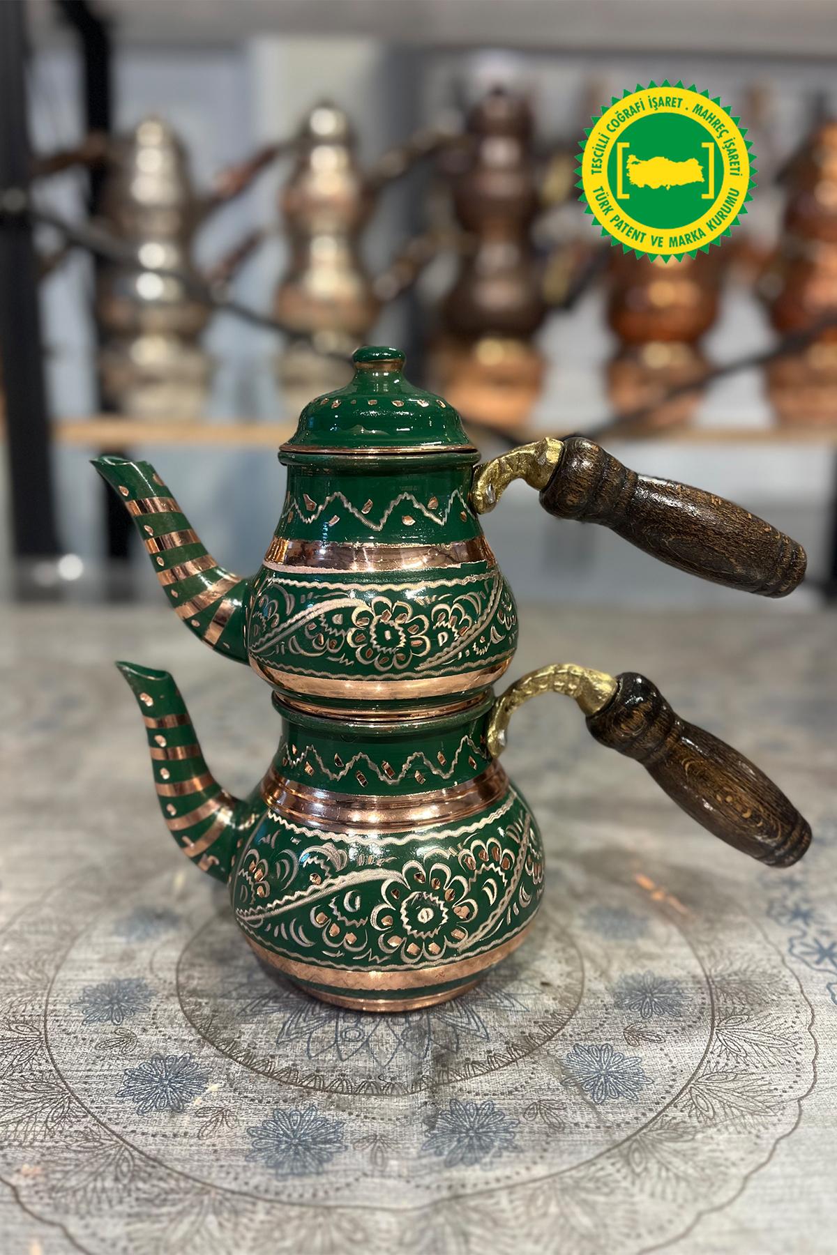 BAKIR KÜÇÜK MİNE İŞLEME YEŞİL DAMAT ÇAYDANLIK