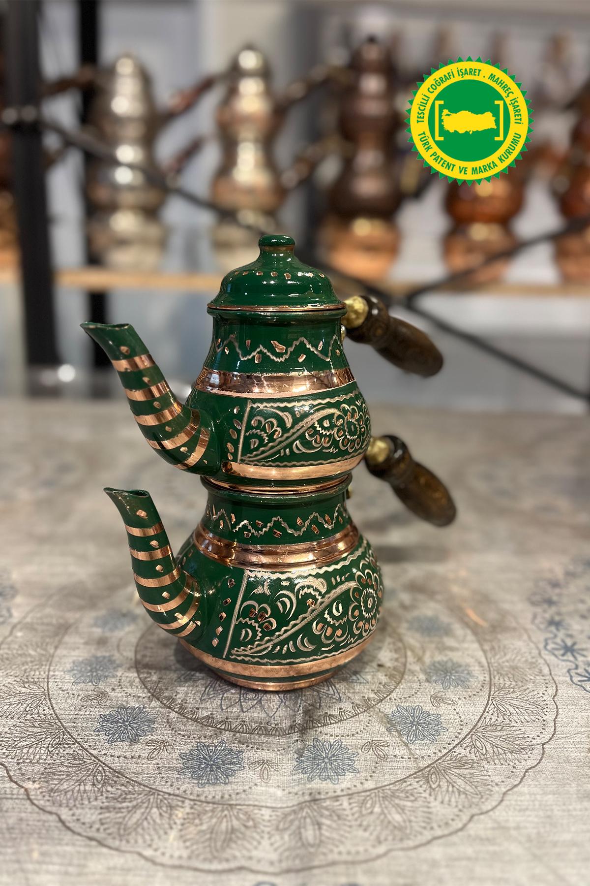 BAKIR KÜÇÜK MİNE İŞLEME YEŞİL DAMAT ÇAYDANLIK
