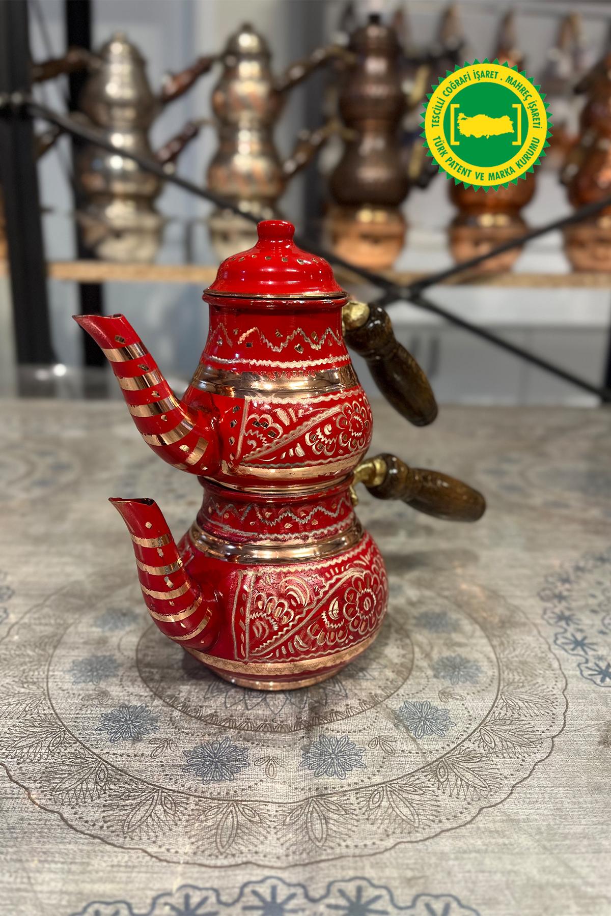 BAKIR KÜÇÜK MİNE İŞLEME KIRMIZI DAMAT ÇAYDANLIK