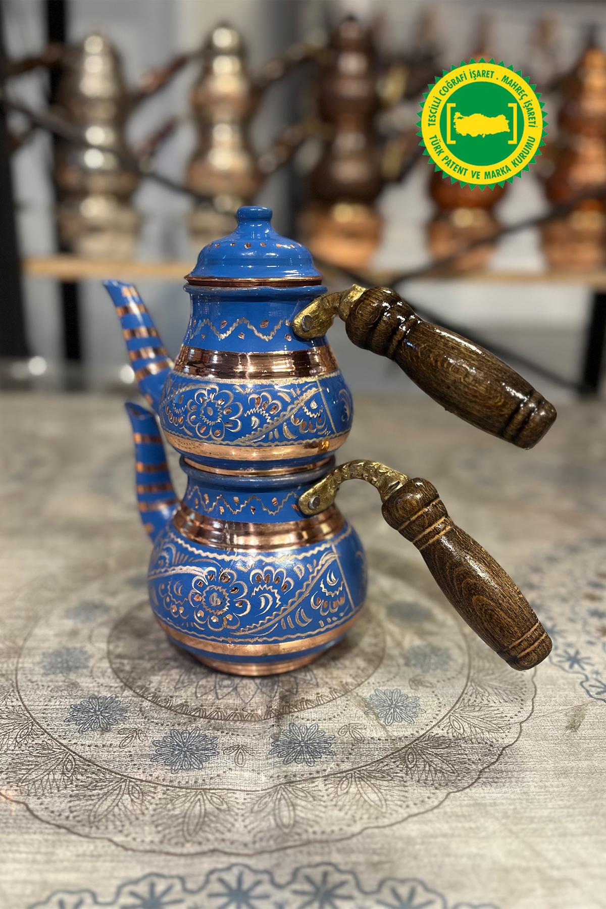 BAKIR KÜÇÜK MİNE İŞLEME MAVİ DAMAT ÇAYDANLIK