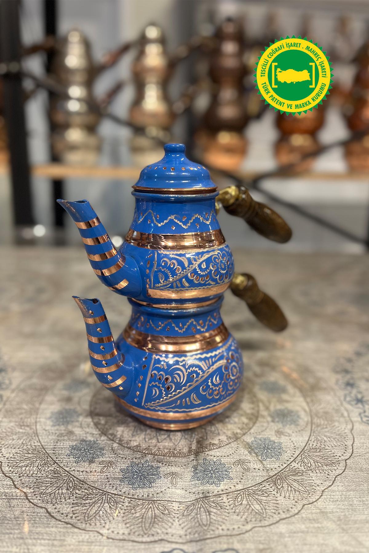 BAKIR KÜÇÜK MİNE İŞLEME MAVİ DAMAT ÇAYDANLIK