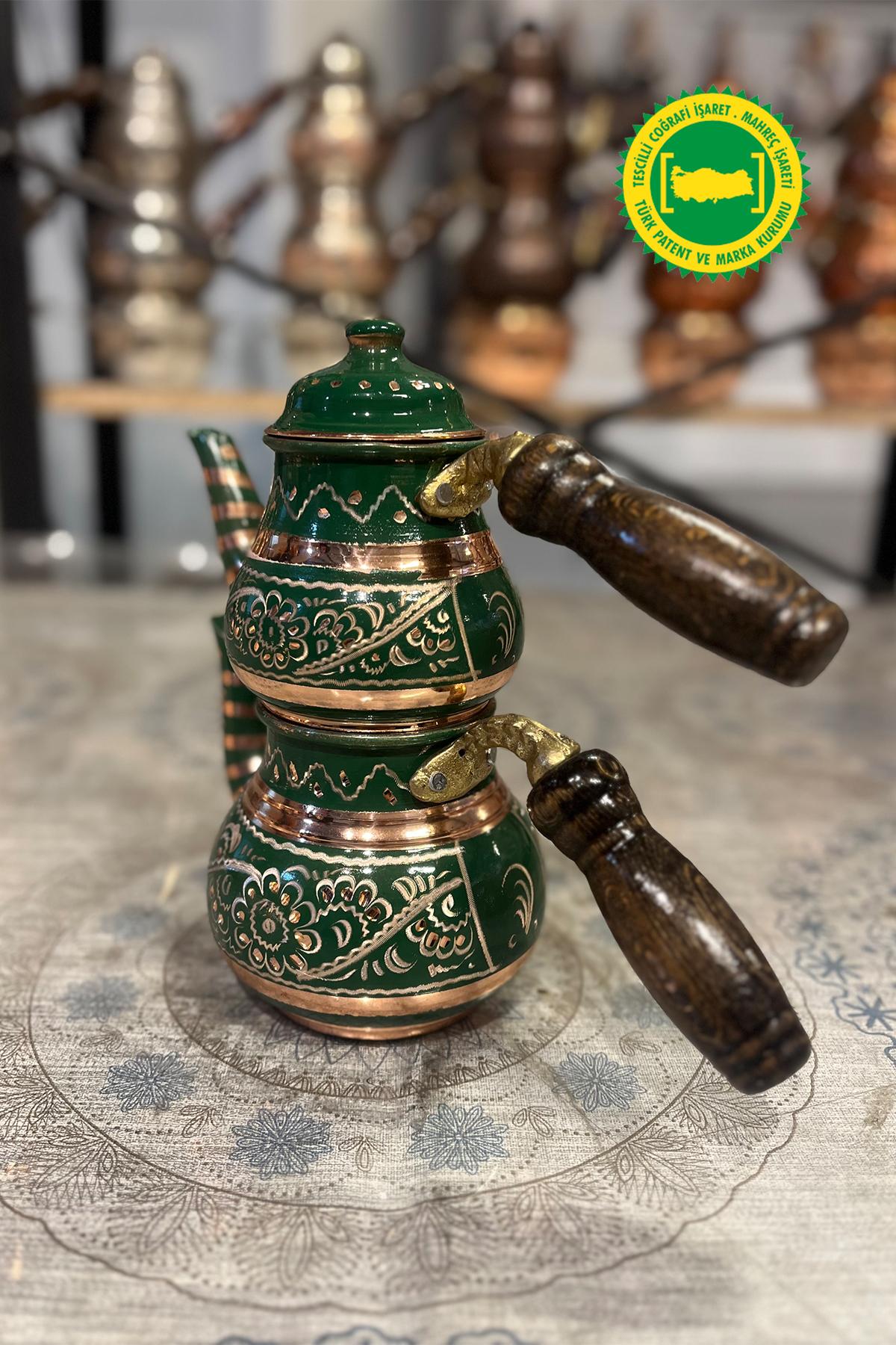 BAKIR KÜÇÜK MİNE İŞLEME YEŞİL DAMAT ÇAYDANLIK