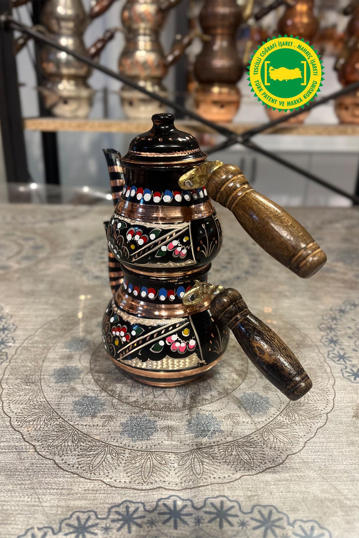 BAKIR KÜÇÜK MİNE İŞLEME SİYAH DAMAT ÇAYDANLIK