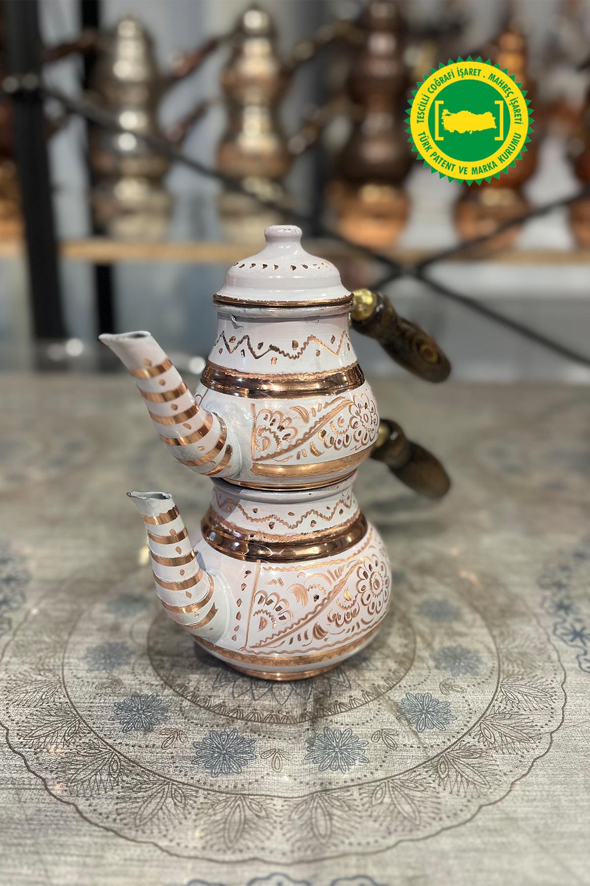 BAKIR KÜÇÜK MİNE İŞLEME BEYAZ DAMAT ÇAYDANLIK