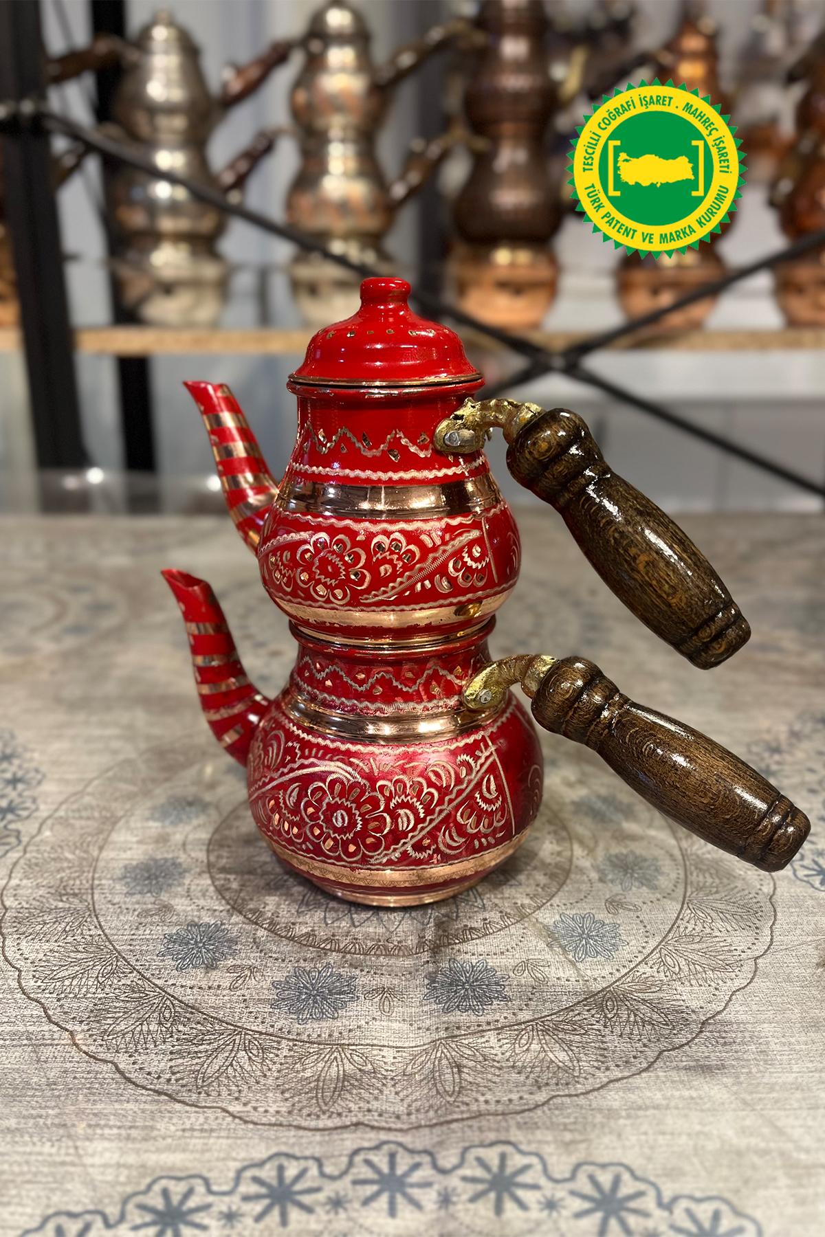BAKIR KÜÇÜK MİNE İŞLEME KIRMIZI DAMAT ÇAYDANLIK