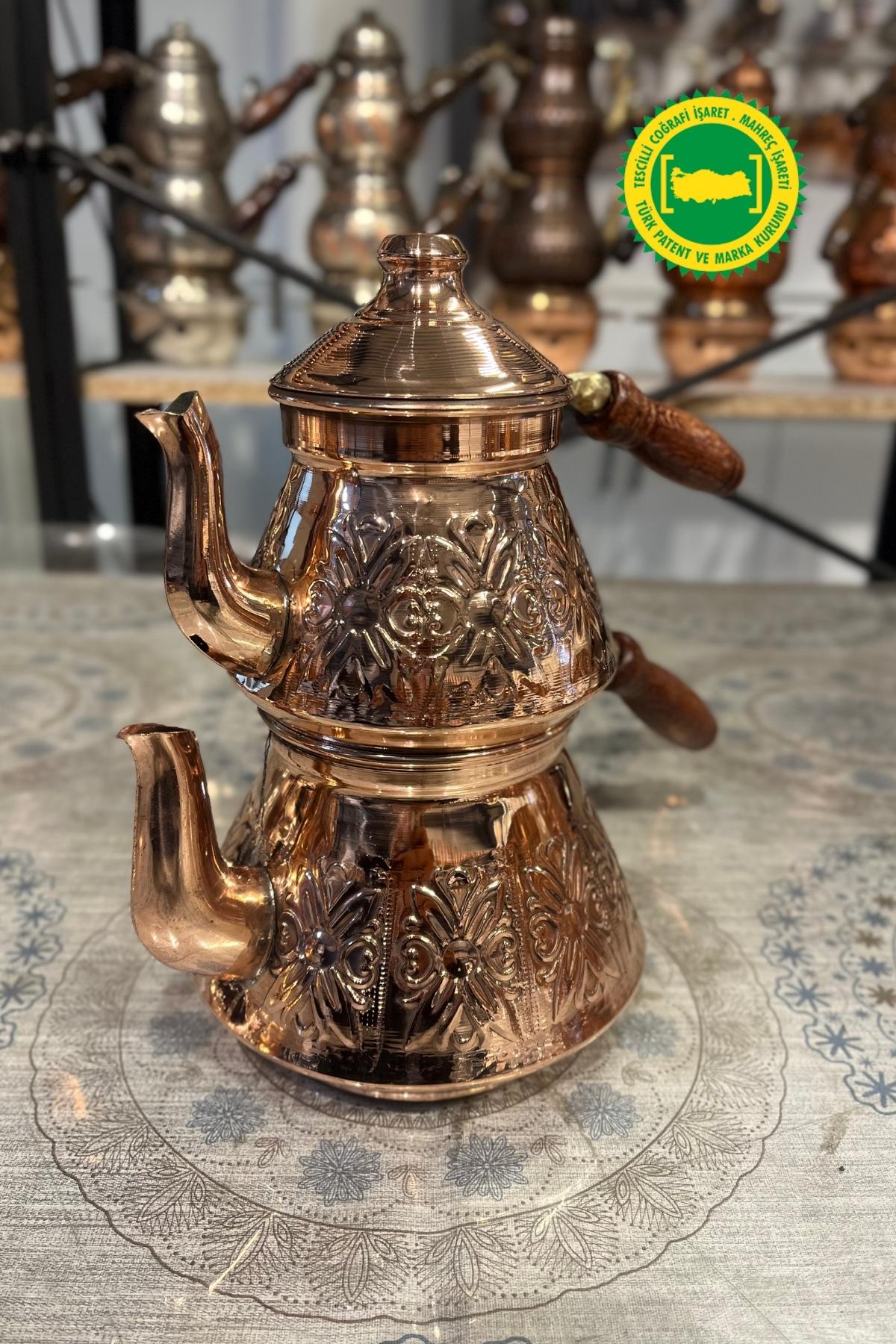 BAKIR PİRAMİT LALE DESENLİ ÇAYDANLIK