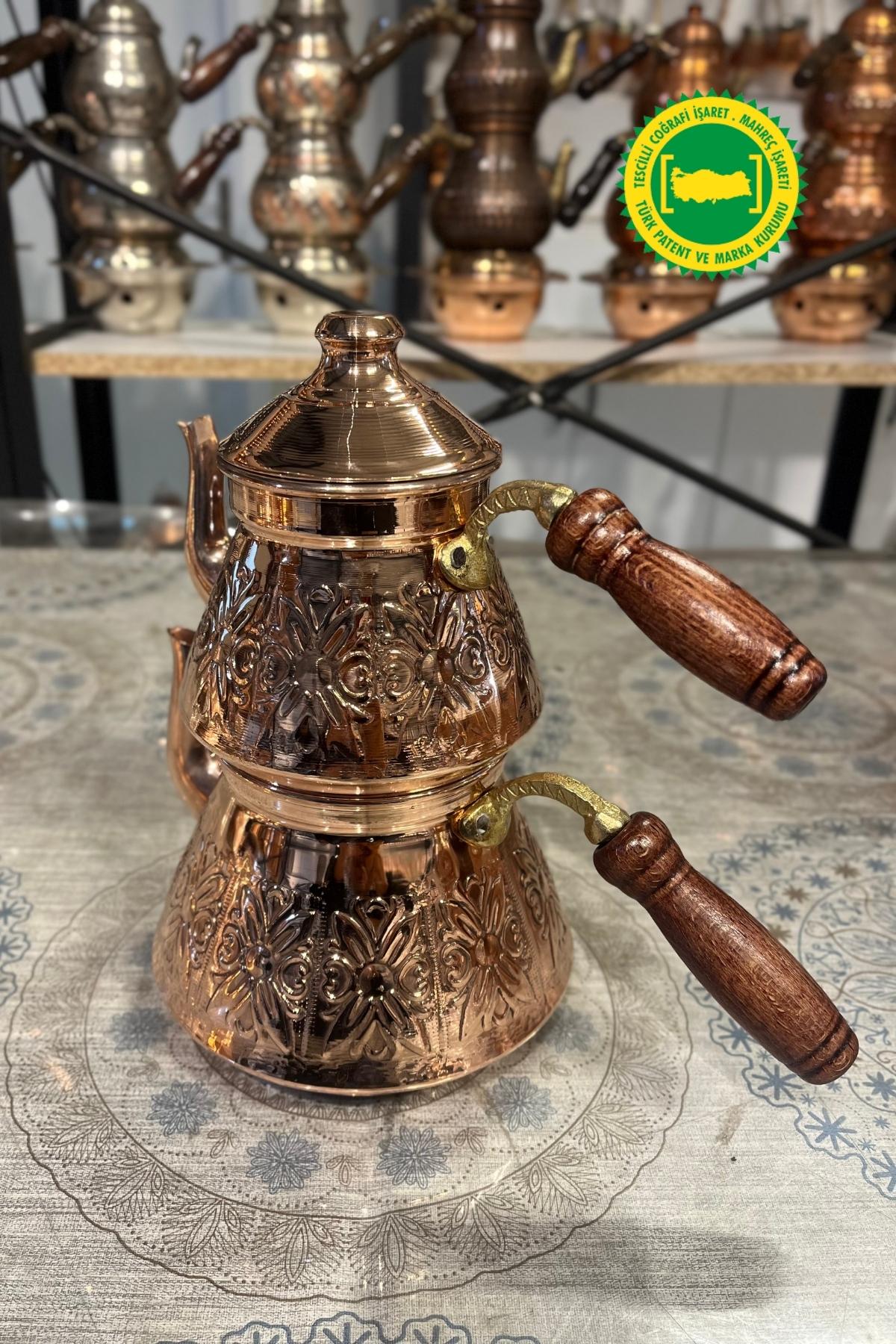 BAKIR PİRAMİT LALE DESENLİ ÇAYDANLIK