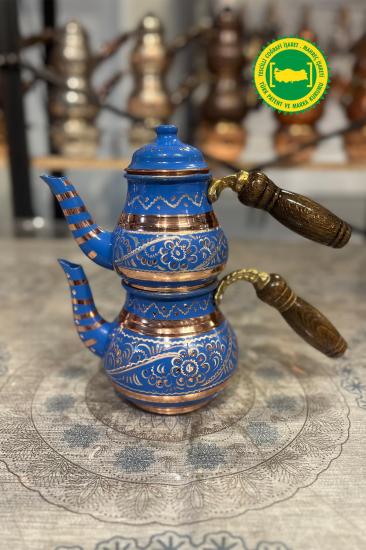 BAKIR KÜÇÜK MİNE İŞLEME MAVİ DAMAT ÇAYDANLIK