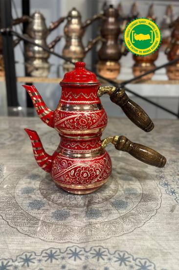 BAKIR KÜÇÜK MİNE İŞLEME KIRMIZI DAMAT ÇAYDANLIK