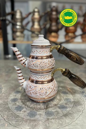 BAKIR KÜÇÜK MİNE İŞLEME BEYAZ DAMAT ÇAYDANLIK