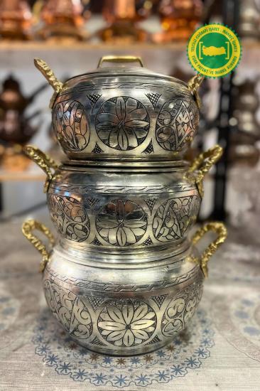 Yedikuyular Oyma Ağır İşleme Bakır Tencere Seti 