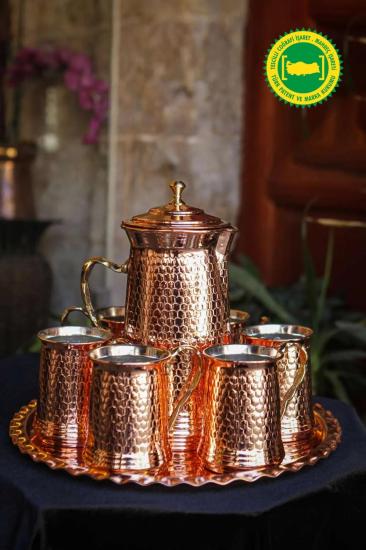 Bakır Zımbalı Bardak Sürahi Ve Tepsi Set
