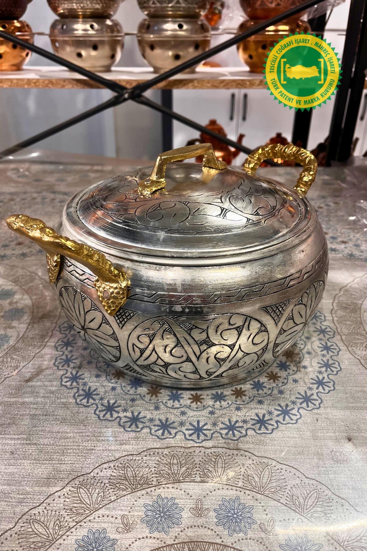 Yedikuyular Oyma Ağır İşleme Bakır Tencere 4 Litre