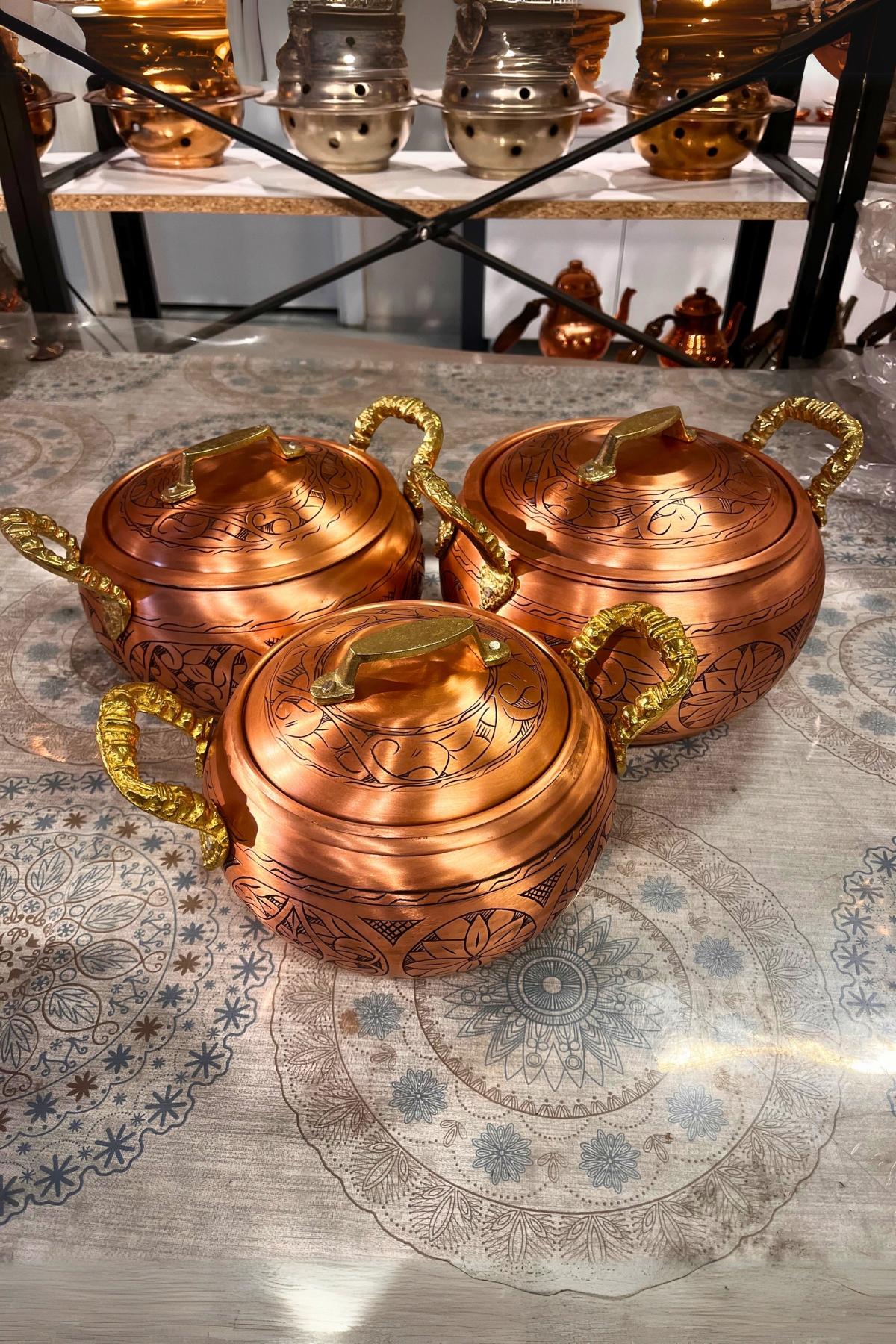 Yedikuyular Oyma Ağır İşleme Bakır Tencere Seti 