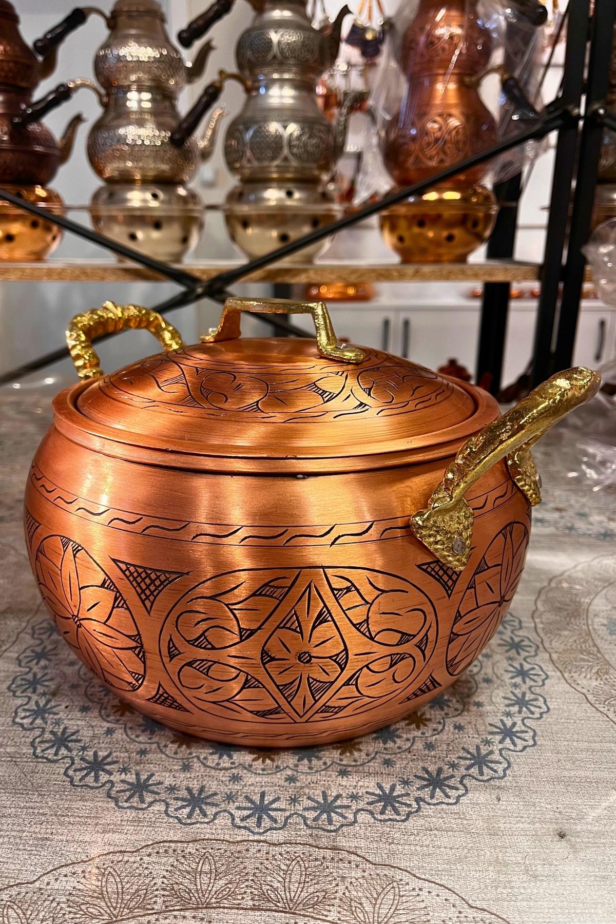 Yedikuyular Oyma Ağır İşleme Bakır Tencere 4 Litre