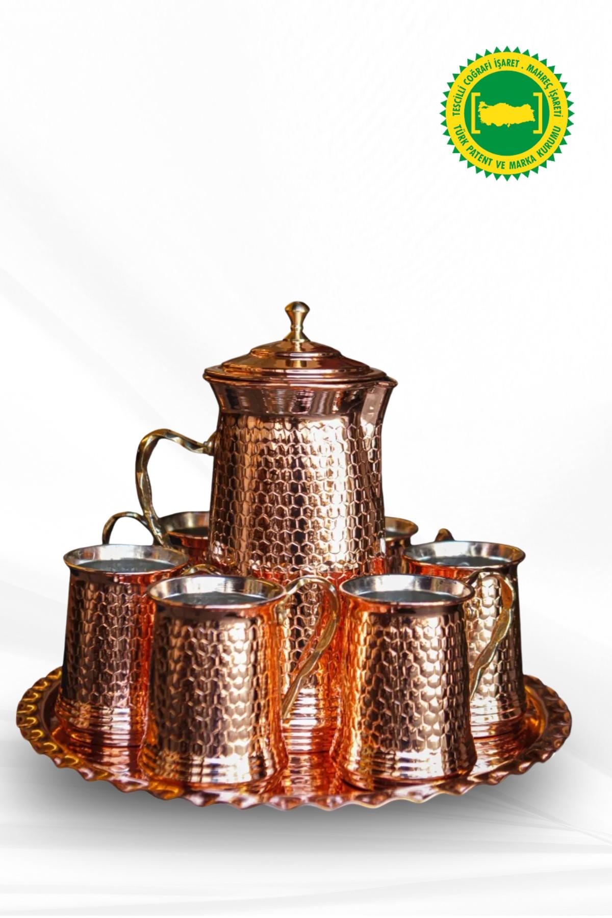 Bakır Zımbalı Bardak Sürahi Ve Tepsi Set