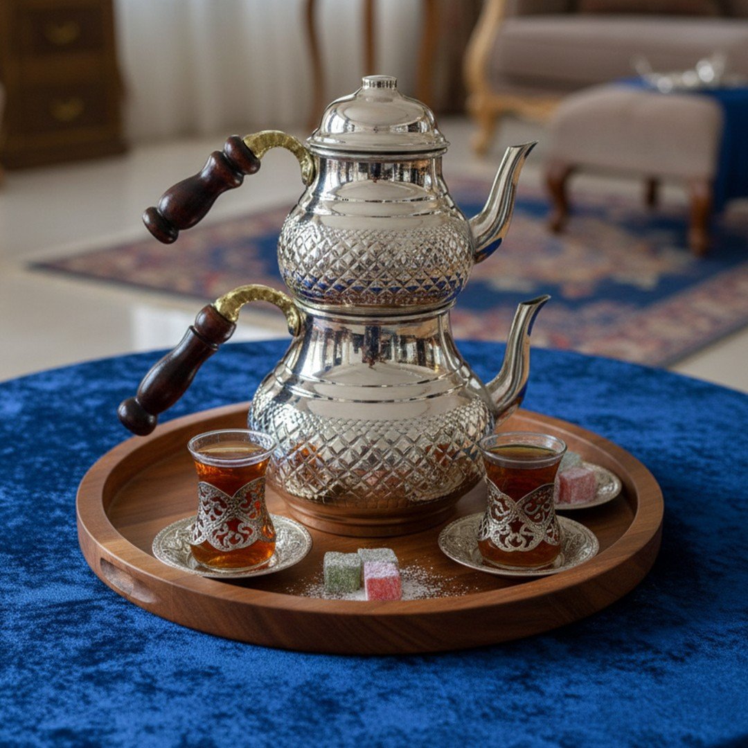 Bakır İşlemeli Klasik Çaydanlık-Nikel