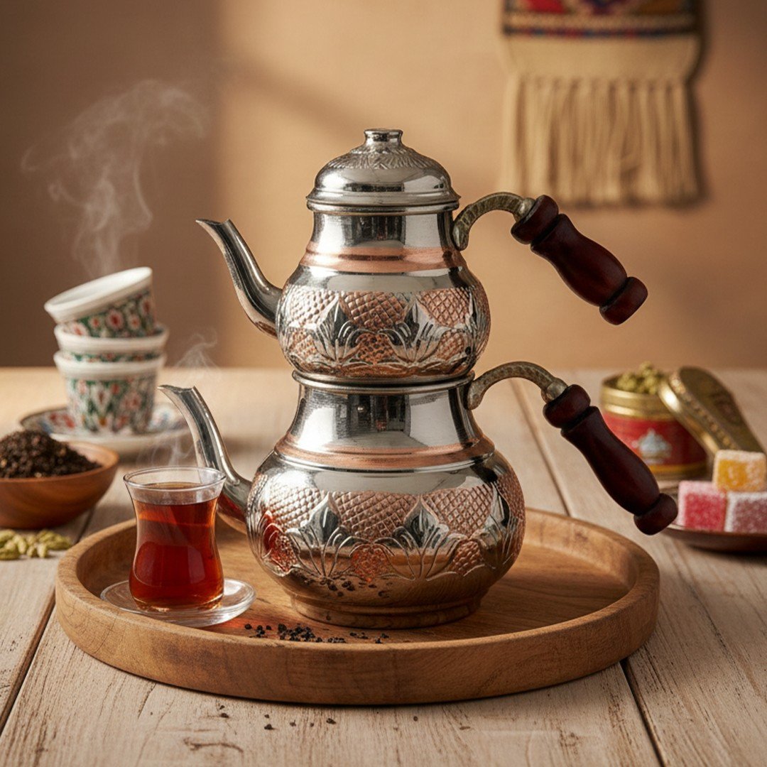 Bakır İşlemeli Klasik Çaydanlık-Çift renk