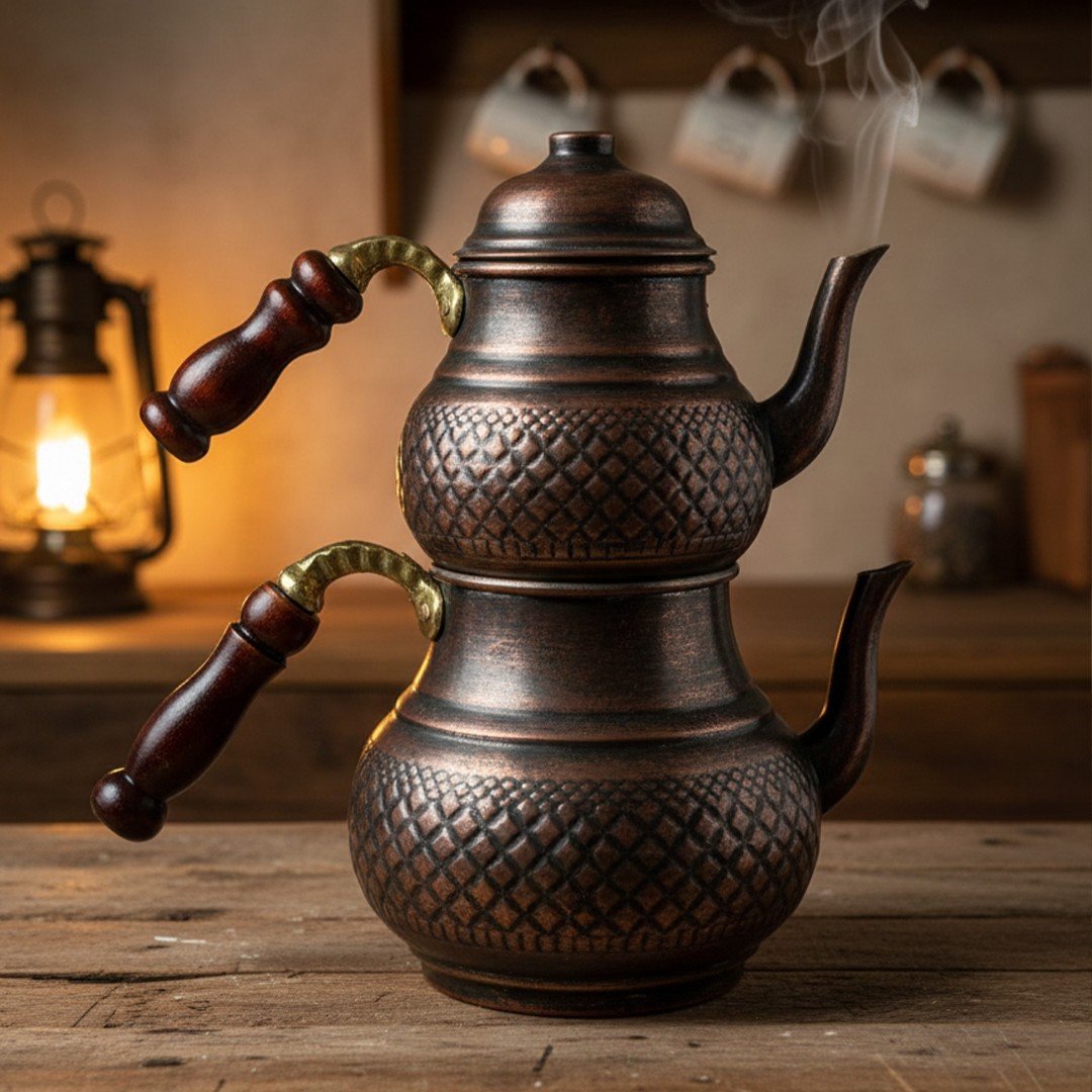Bakır İşlemeli Klasik Çaydanlık-Eskitme