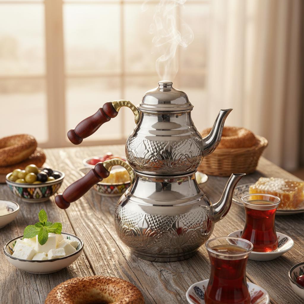 Bakır İşlemeli Klasik Çaydanlık-Nikel