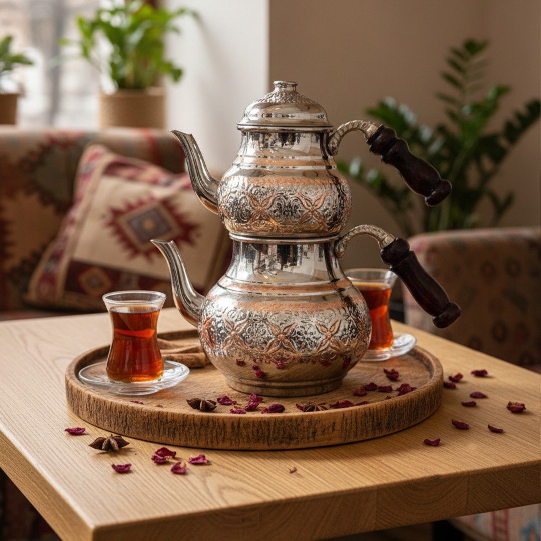 Bakır İşlemeli Klasik Çaydanlık-Çift renk