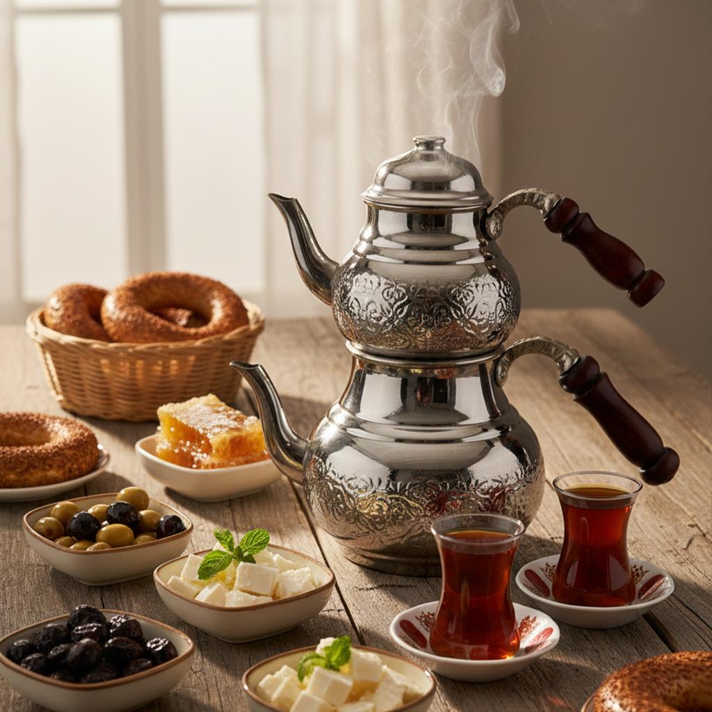 Bakır İşlemeli Klasik Çaydanlık-Nikel